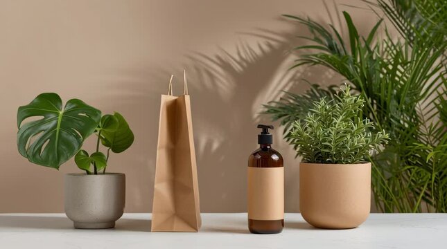 Product layout with brown paper bag, bottle, and green plants on table. Sustainable retail and eco friendly packaging concept footage.