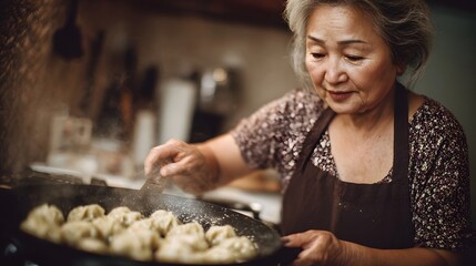 An elderly Asian woman carefully fries homemade dumplings in a hot pan demonstrating culinary expertise in a cozy kitchen setting