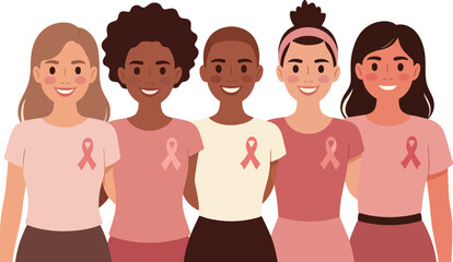 Diverse group of women united in support of breast cancer awareness