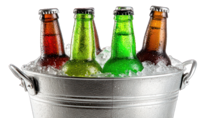 Four beer bottles in a metal bucket of ice