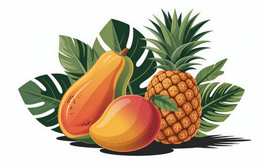 Vibrant tropical fruit assortment pineapple mango papaya surrounded by lush green leaves