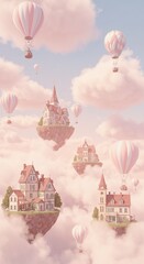 Fototapeta premium Floating Castles: Dreamy fantasy scene with pastel-colored hot air balloons and whimsical castles floating among the fluffy clouds, creating a serene and ethereal world.