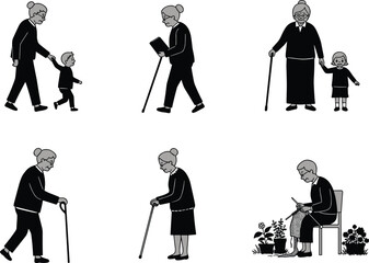 PrintElderly Woman Walking, Reading, Knitting, Holding Child’s Hand, Using Cane, Engaging in Daily Life, Family Bonding, Vector Illustration, Black and White