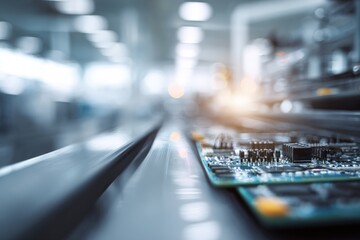 Circuit boards moving on a factory assembly line