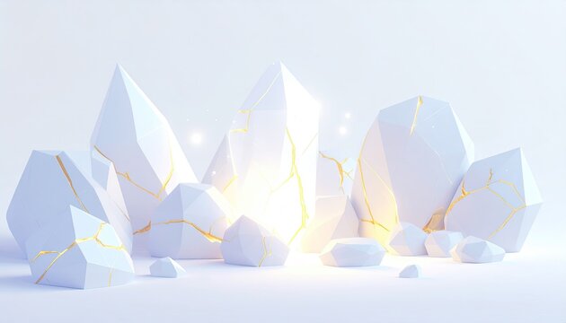 Abstract white crystalline shapes with golden cracks - Powered by Adobe