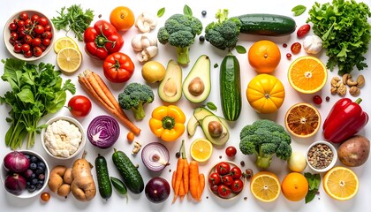 A vibrant array of colorful fruits and vegetables arranged artfully on a white surface.  Fresh produce in a variety of hues showcases the abundance of healthy options.