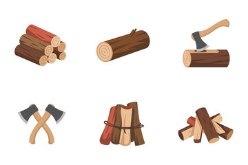 Lumberjack woodcut vector set, log chopping icons, axe and stump, bundled firewood, timber harvest, rustic forestry supply graphics