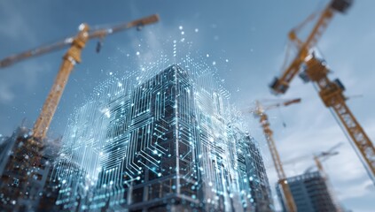 Construction project overlaid with digital circuit board design
