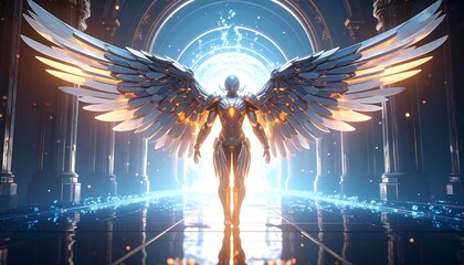 Winged Figure Standing in Portal Futuristic Design