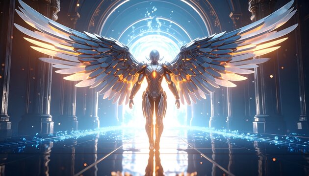 Winged Figure Standing in Portal Futuristic Design