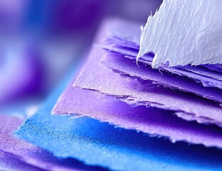 Close-up of layered, textured, vibrant purple and blue papers, with a torn piece of off-white paper