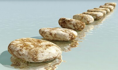 Row of smooth, light beige stones in a line across a light blue surface, reflecting the stones