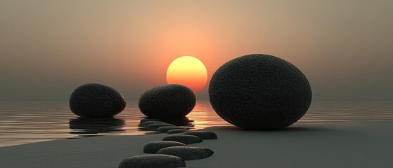 Calm sunset scene with smooth stones on a beach