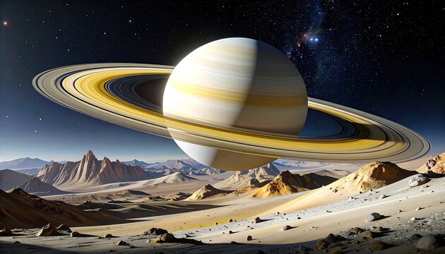 Ringed planet above a desert landscape