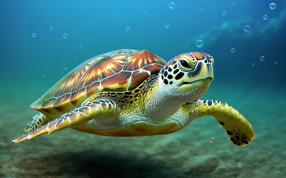 A turtle swimming gracefully underwater with bubbles around