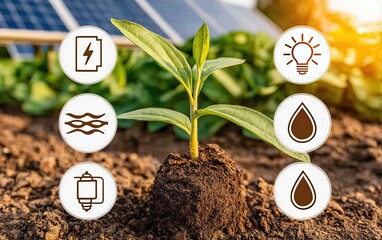 Growing plant in soil, surrounded by icons representing renewable energy and water