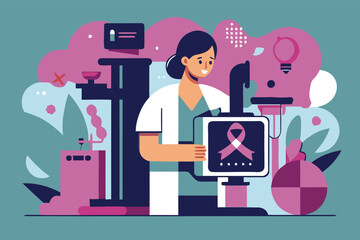 Female doctor examining mammogram results with pink ribbon for breast cancer awareness
