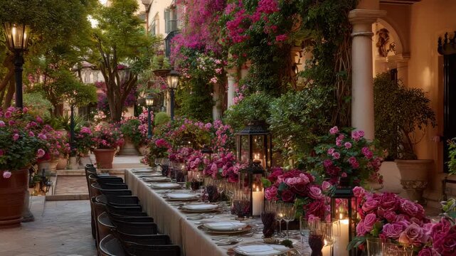 Outdoor Dining Setup with Lush Roses and Candlelit Lanterns in Courtyard