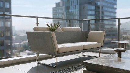 Modern sofa on a balcony with cityscape view