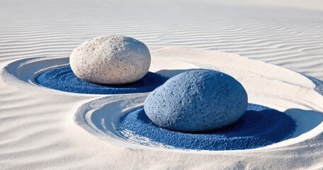 Two smooth stones, one white and one blue, sit in circular patterns of dark blue sand on white sand