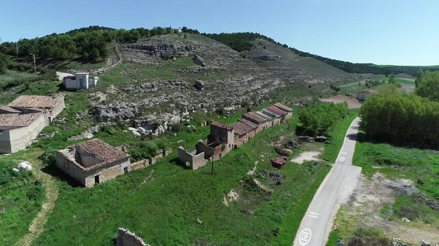 Panoramic aerial view of Cobos de Cerrato village and surrounding hills
