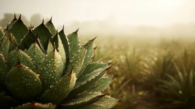 Close up of Green Agave Plant with Water Droplets in a Misty Field on Warm Sunny Morning