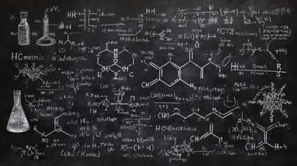 Chalkboard filled with intricate chemical equations, diagrams, and symbols showcasing detailed scientific principles in an educational environment
