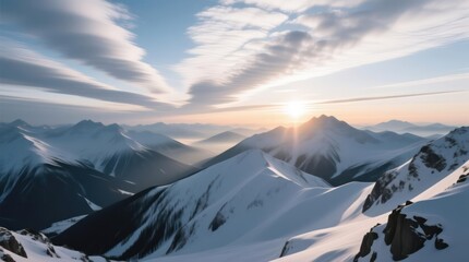 Snowy mountain peaks at sunrise.  Vast landscape of winter wonderland