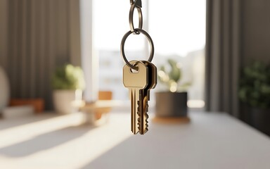 A set of keys hanging by window with soft light
