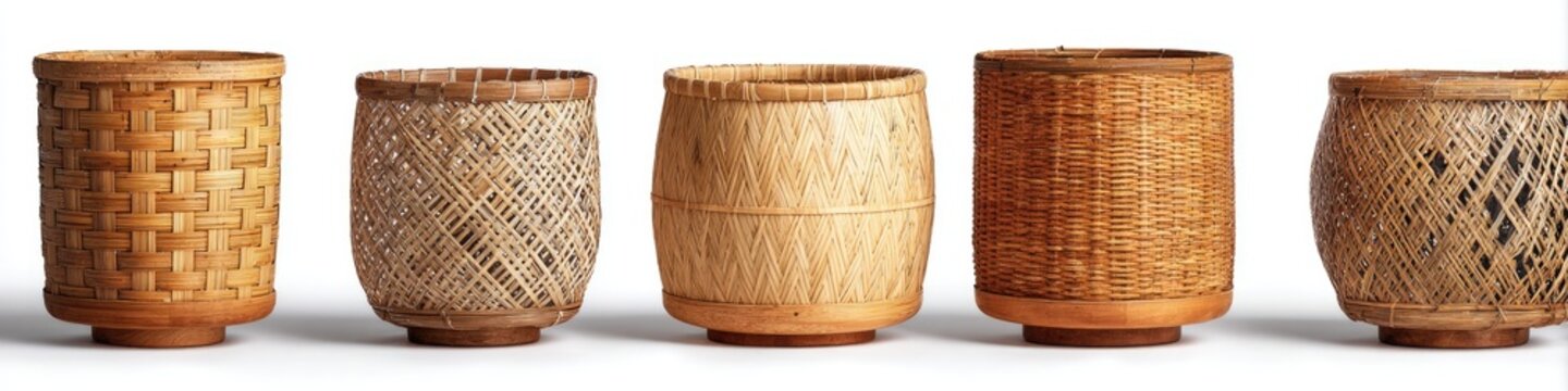 Five cylindrical vessels, crafted from a light-brown material, exhibit a woven pattern
