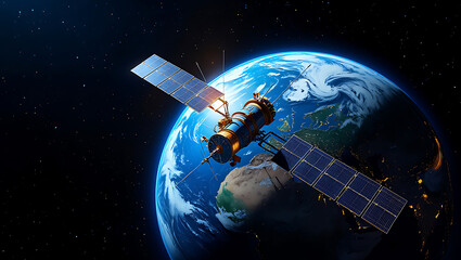 Fototapeta premium A satellite with solar panels orbits the earth, showing a detailed view of the planet from space