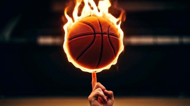 A basketball ablaze, held aloft by a finger, creating a captivating visual display.
