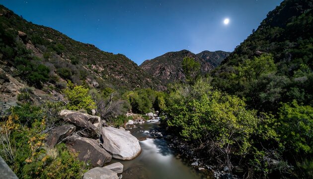 Mountain stream at night under moonlight