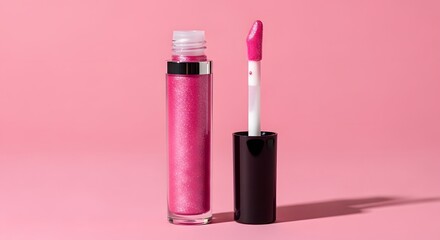 Pink lip gloss on pink background with applicator and black cap for beauty product shot