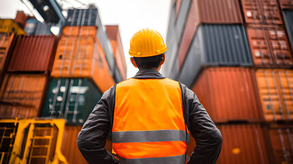 Worker monitors container yard during overcast day while managing logistics and operations in shipping industry