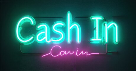 Bright neon sign displays Cash In text. Pink cursive script below adds stylistic flair. Dark background enhances glow.
