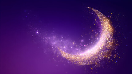 Fototapeta premium A sparkling crescent moon illuminates a deep purple night sky filled with shimmering stars and magical dust