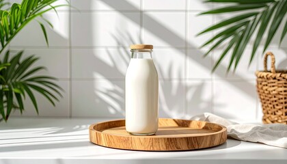 Milk bottle on wooden tray, sunlight