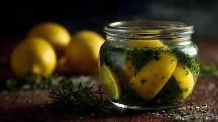 Homemade lemon and herb oil infusion in a glass jar set on a rustic wooden surface with fresh lemons and scattered herbs in warm ambient light