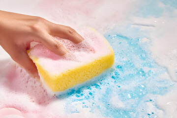Fototapeta premium Cleaning with a colorful sponge in a bubbly bath environment, showcasing the vibrant interaction of water and foam