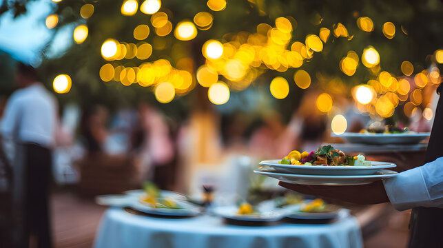 Evening dining under twinkling lights with served plates in a festive atmosphere at an outdoor restaurant - Powered by Adobe