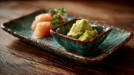 Freshly prepared wasabi paste and delicate pickled ginger served on a rustic ceramic plate an essential accompaniment for Japanese cuisine