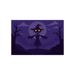 A spooky silhouette of a grinning scarecrow with glowing orange eyes stands in a dark moonlit field on halloween night surrounded by bare trees and clouds