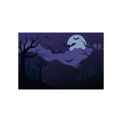 Spooky halloween night scene with a large full moon silhouetted bare trees rolling hills and flying bats against a dark purple cloudy sky evoking a sense of mystery and fright