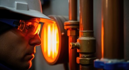 Inspecting industrial equipment closely shows engineer, wearing safety gear and looking at heating elements. Inspecting industrial equipment requires experience, focusing on details