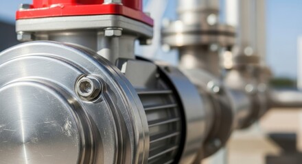 Stainless steel pump set installation gleaming outdoors in sunlight. Stainless steel pump set system components showcase intricate engineering and durable construction
