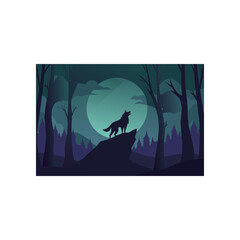 A solitary wolf stands silhouetted on a rocky outcrop howling at a large luminous full moon in a dark mystical forest with tall trees and rolling hills