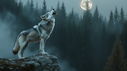 Majestic Wolf Howling at Full Moon in Misty Forest
