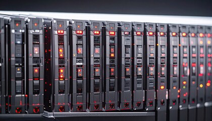 Row of server units with glowing red indicators