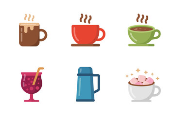 Decorative hot drink vector illustrations, winter beverage collection, coffee, tea, cocoa, mulled wine design, seasonal art elements, festive celebration graphics